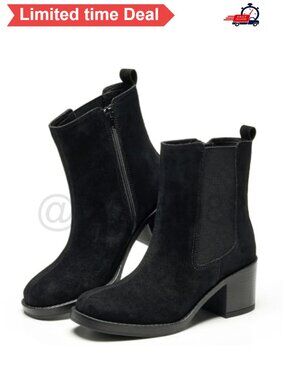 Genuine Suede Heeled Chelsea Ankle Boots Womens Block Heel Pull On